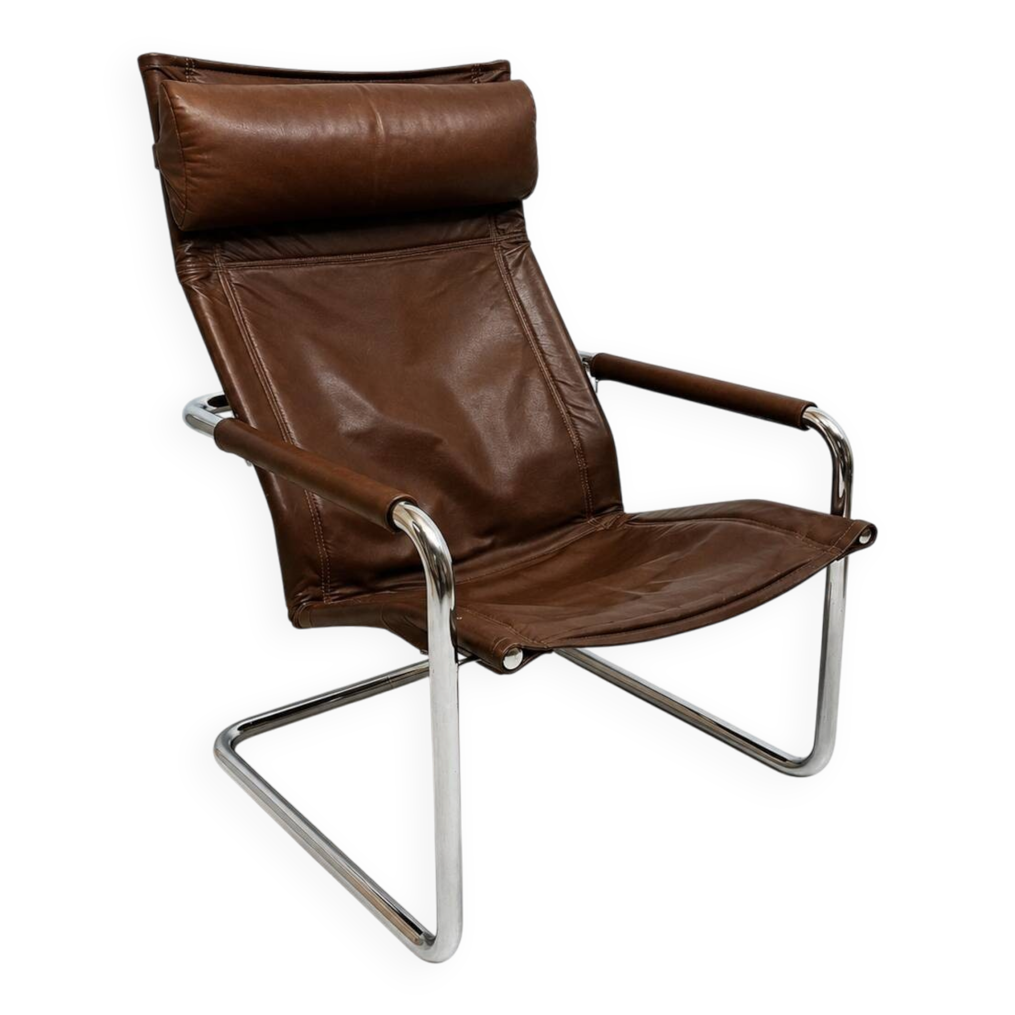 Fauteuil lounge en cuir havane et chrome – Heinrich Pfalzberger, années 197