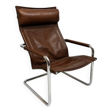 Havana leather and chrome lounge chair – Heinrich Pfalzberger, 1970s