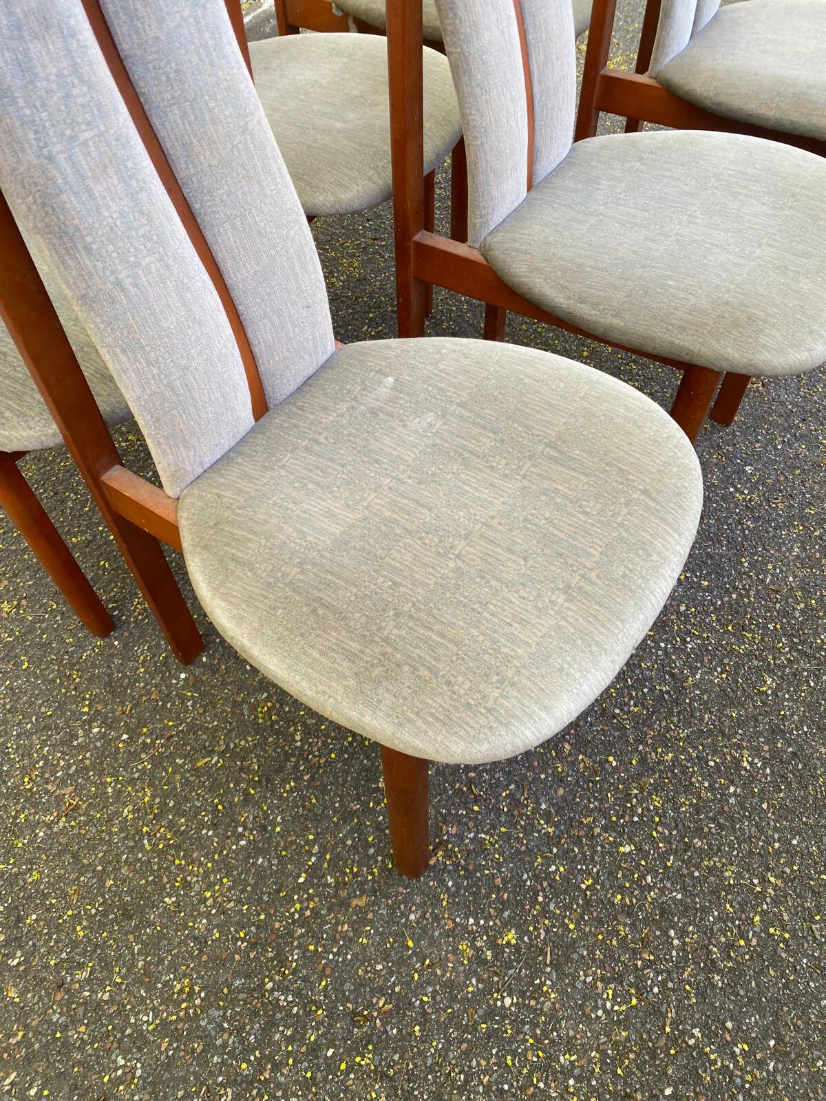 6 vintage cherry wood dining chairs with tweed fabric in MCM style 1970.