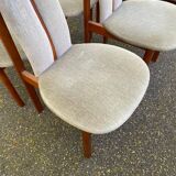 6 vintage cherry wood dining chairs with tweed fabric in MCM style 1970.