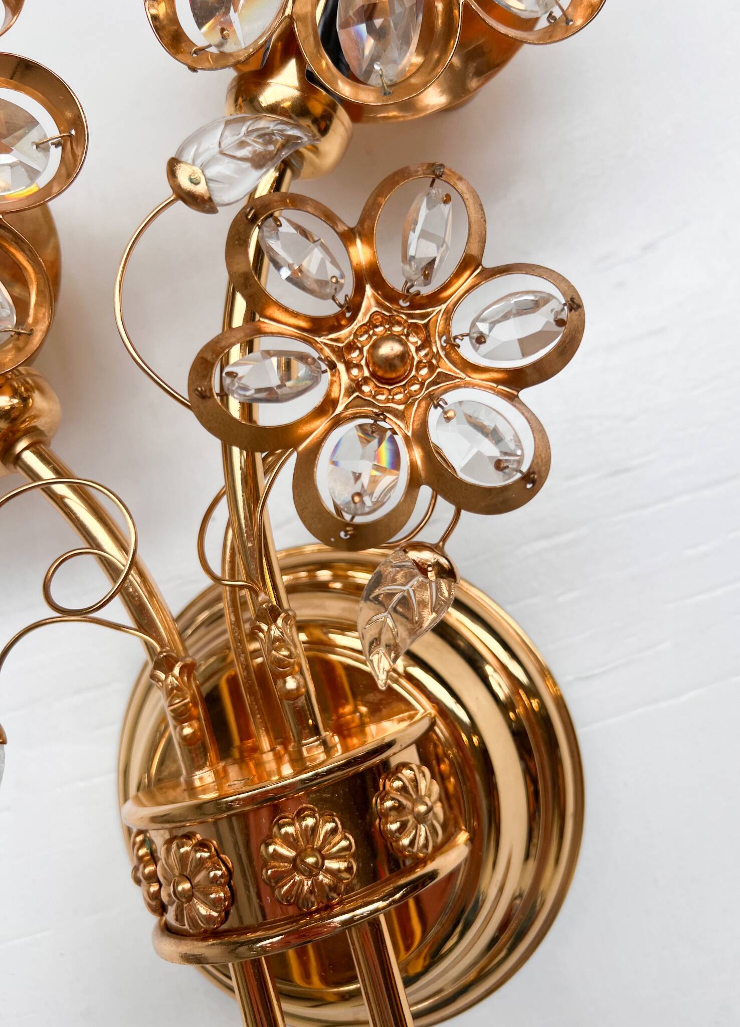 Brass and crystal art deco wall lamp attributed to palwa, 1960s
