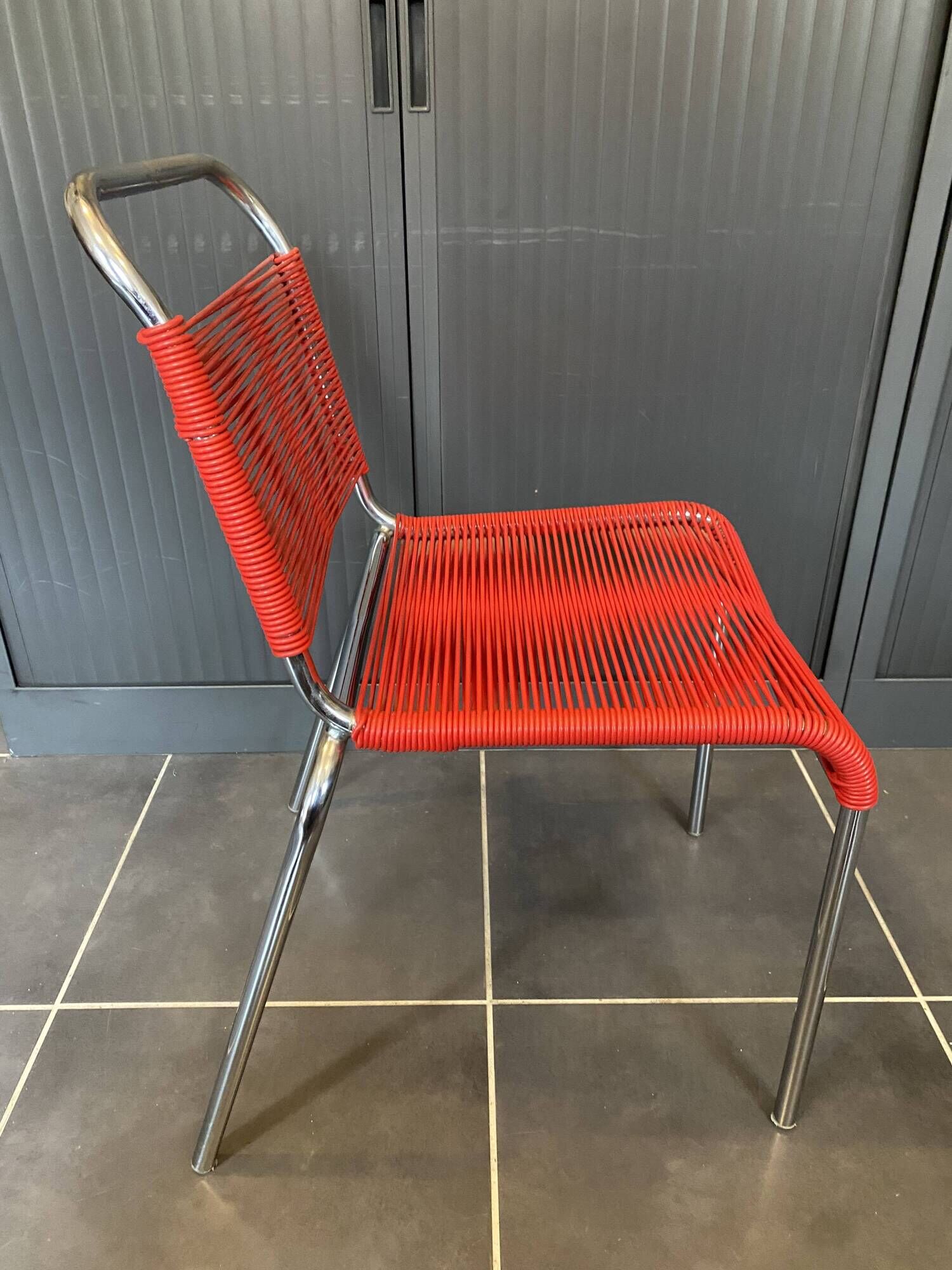 Scoubidou chair or vintage 1960 red chrome spaghetti chair
