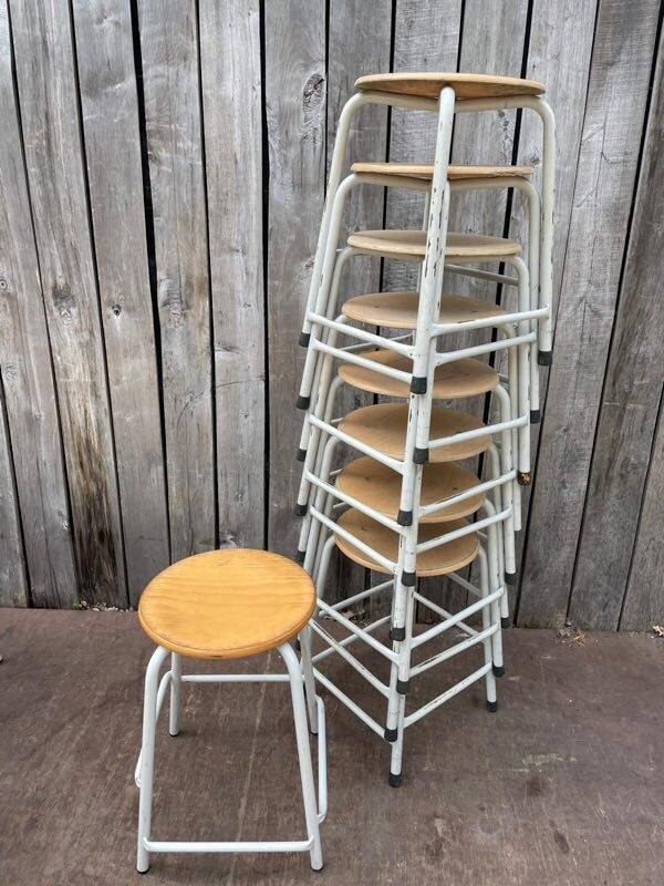 Vintage industrial stackable stool in wood and metal