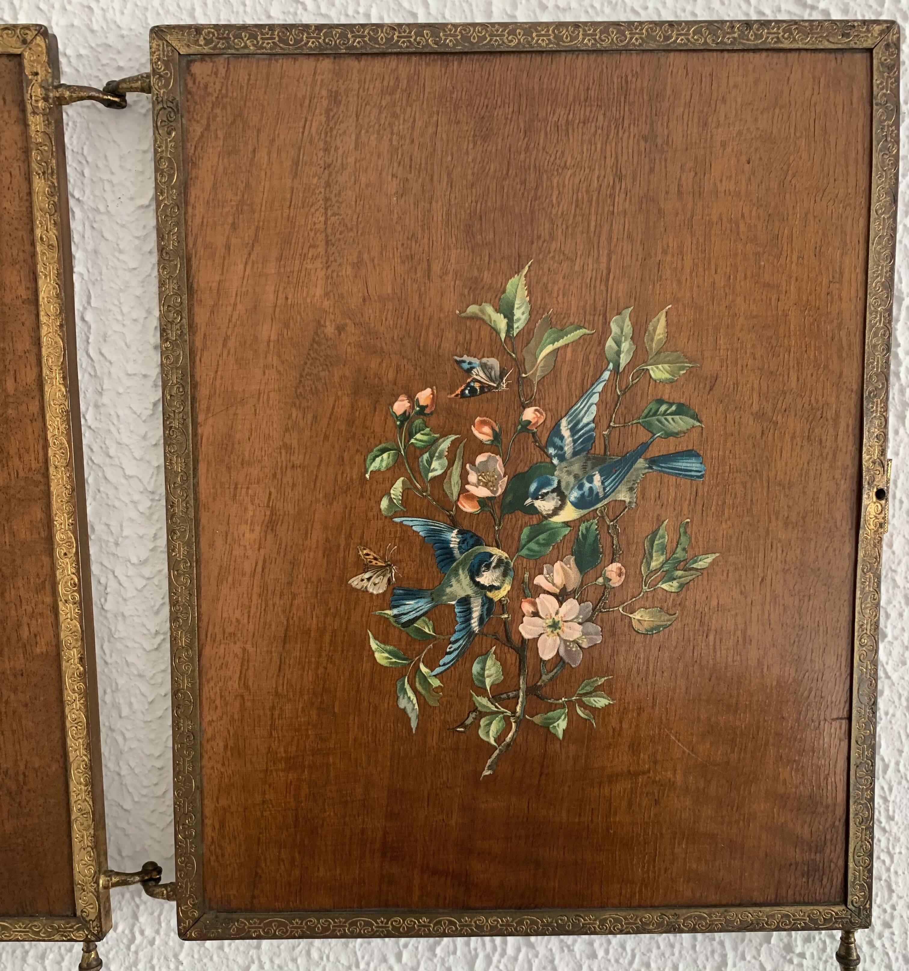 Vintage mirror 1900 barber triptych brass and wood - 29 x 70 cm