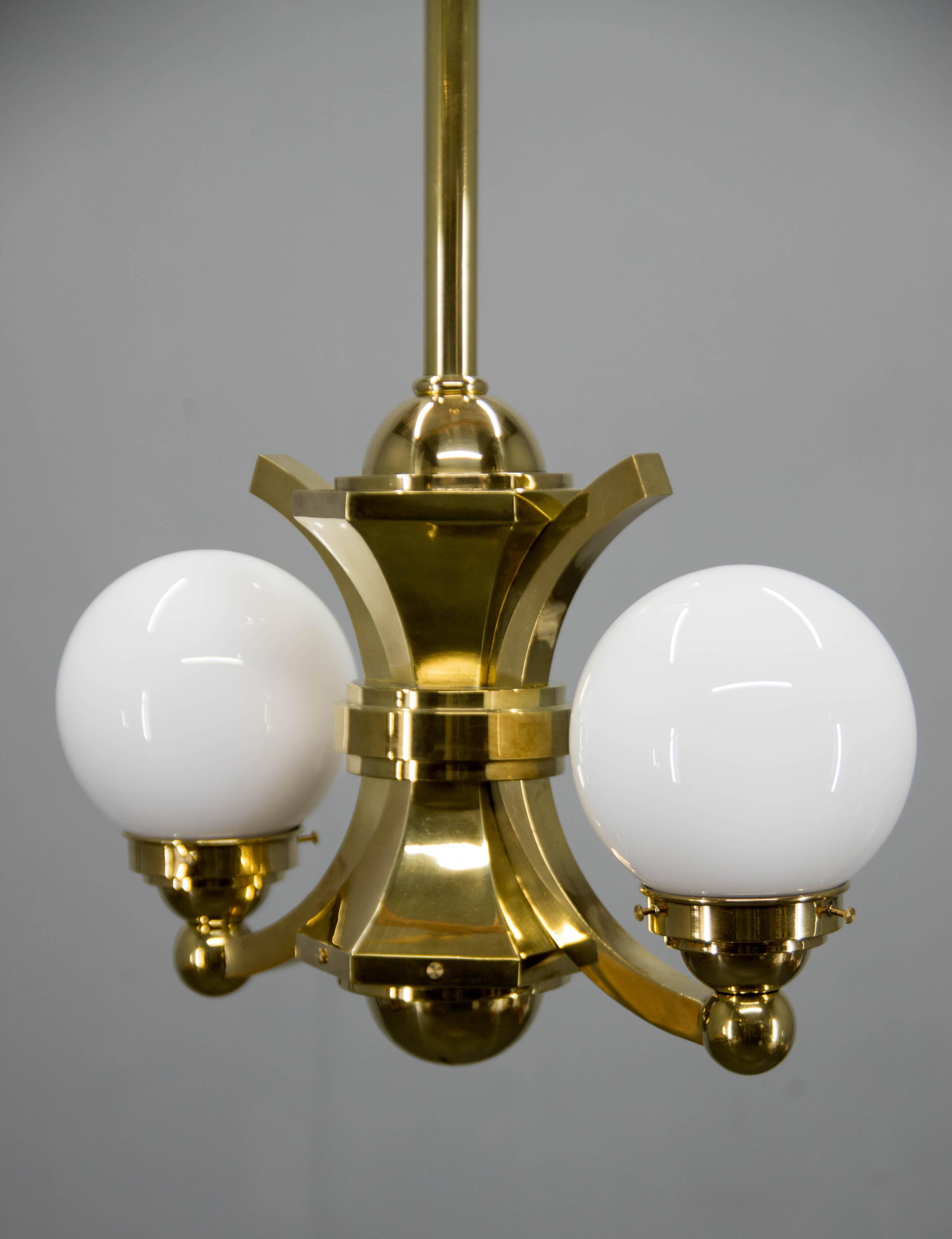 Art Deco Brass and Glass Chandelier by Gocar, 1910s, Restored