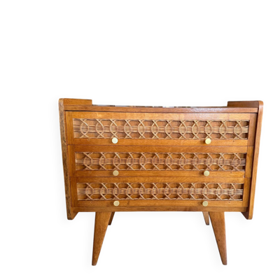 Commode bois et rotin vintage pieds compas