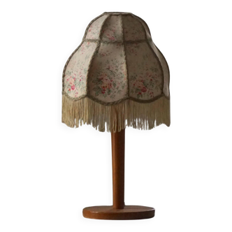 Vintage wooden table lamp with floral shade, Danish Art Deco, early 20th century.