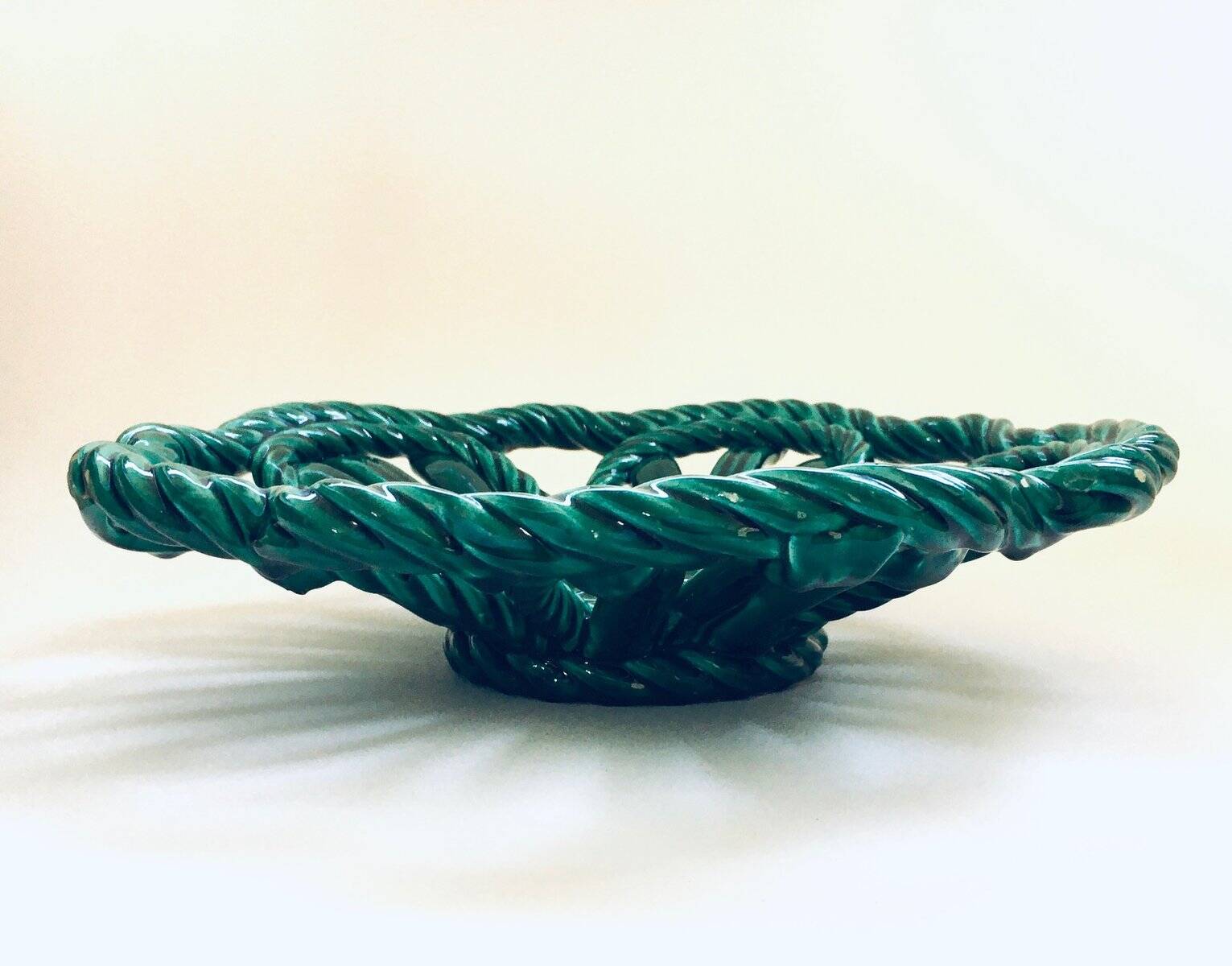 Mid-century Modern Art Ceramics Green Braided Woven Bowl by Vallauris, 1950s