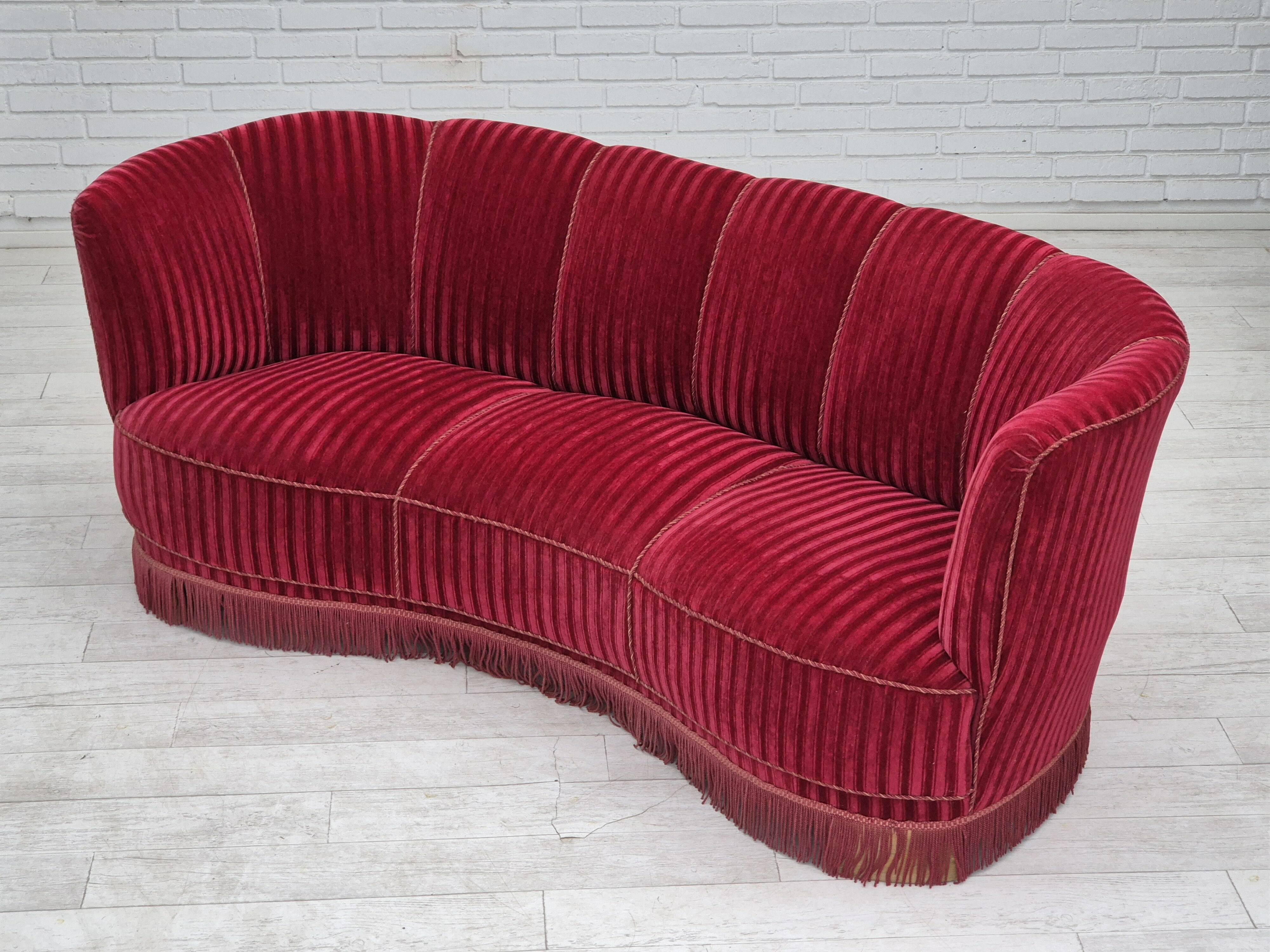 1960s, Danish 3-seater "Banan" sofa, original cherry-red furniture velour.