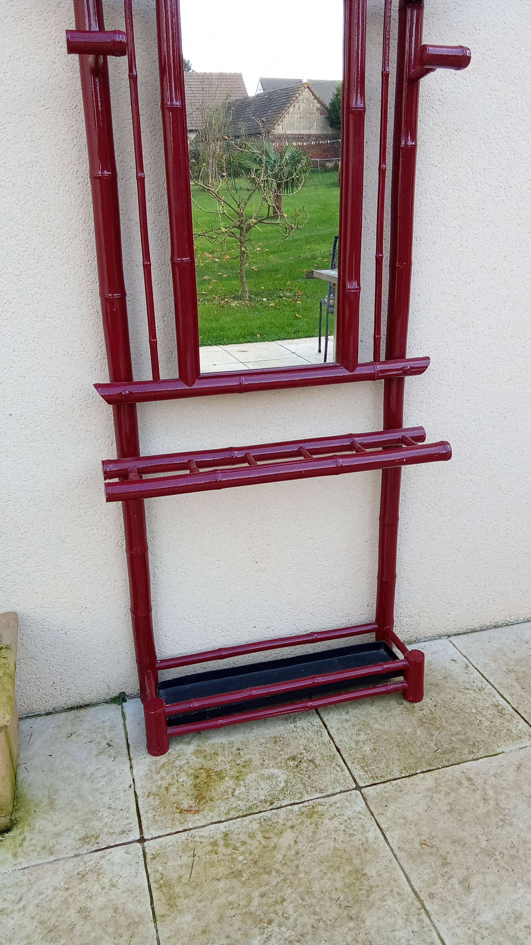 Old vintage red lacquered bamboo Asian coat rack