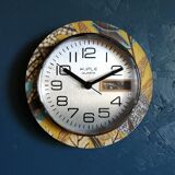 Clock formica vintage round silent wall clock "Kiplé yellow brown"
