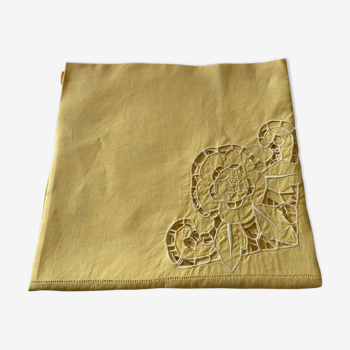 Art deco yellow tablecloth embroidered with roses