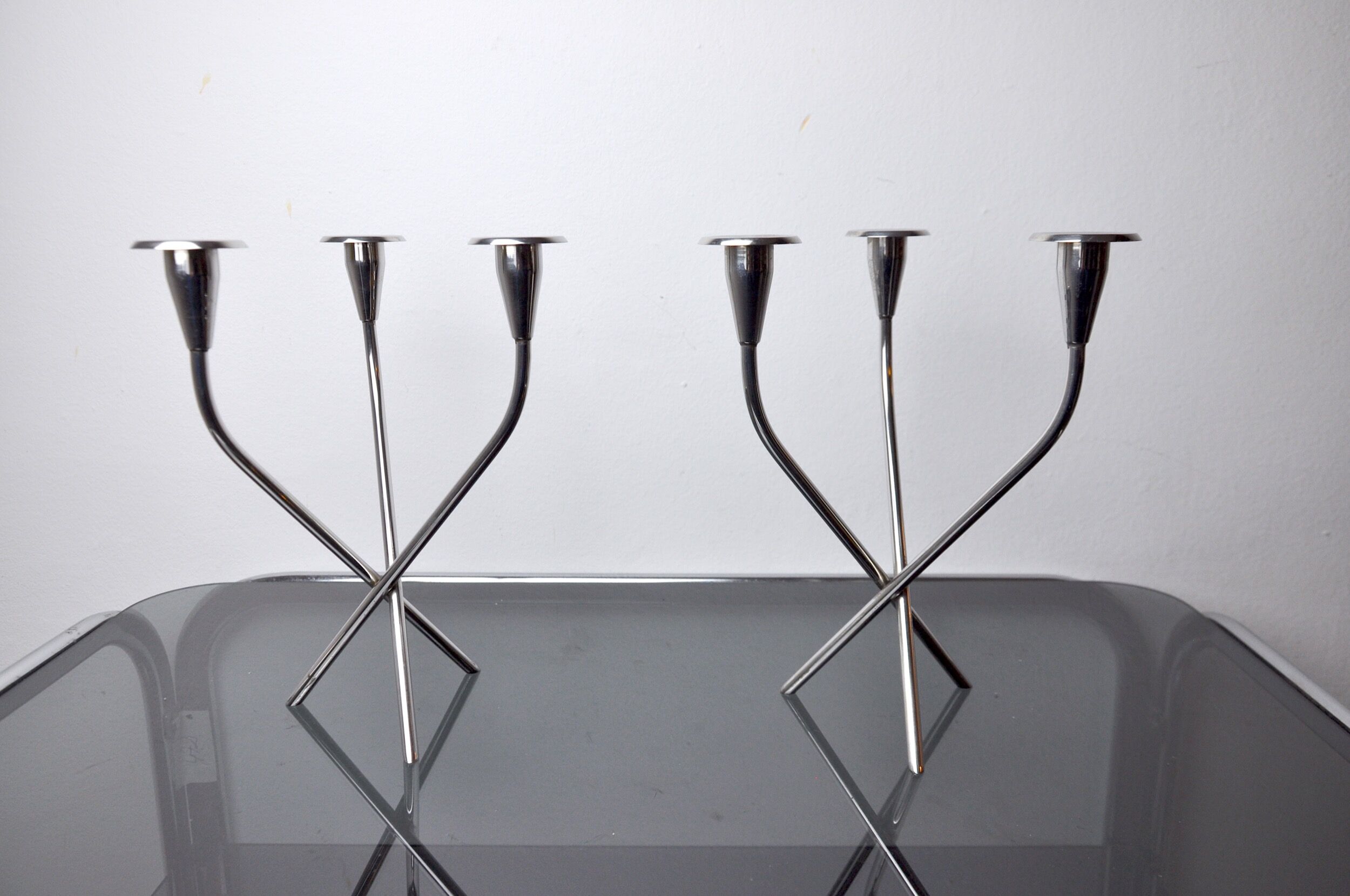 Pair of Scandinavian 3-arm candlesticks in alpaca, Sweden, 1970