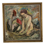 Peinture à l'huile sur panneau suédoise « Femmes abstraites et fleurs », milieu XXème
