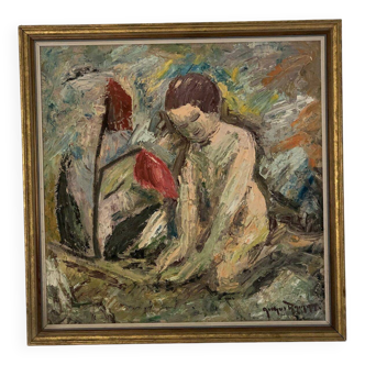 Peinture à l'huile sur panneau suédoise « Femmes abstraites et fleurs », milieu XXème