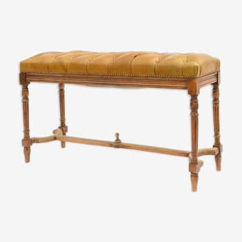Louis XVI style bench in wood and padded brown leather