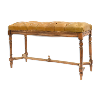Louis XVI style bench in wood and padded brown leather