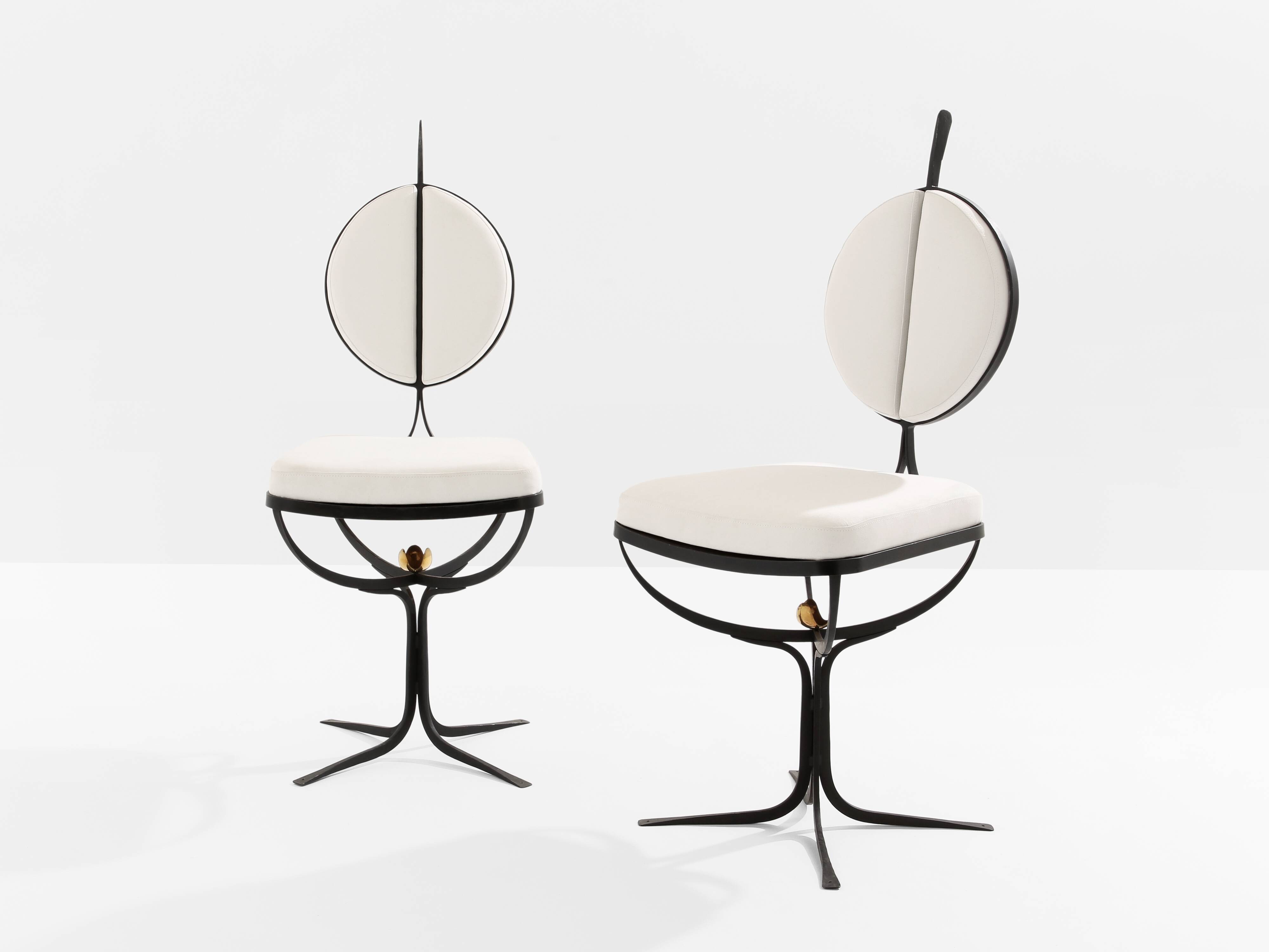 Set of 6 brutalist wrought iron and alcantara chairs from 1990.