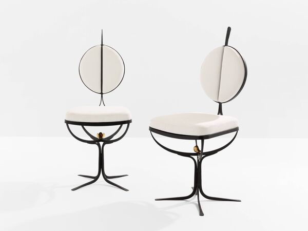 Ensemble de 6 chaises brutalistes fer forgé et alcantara 1990