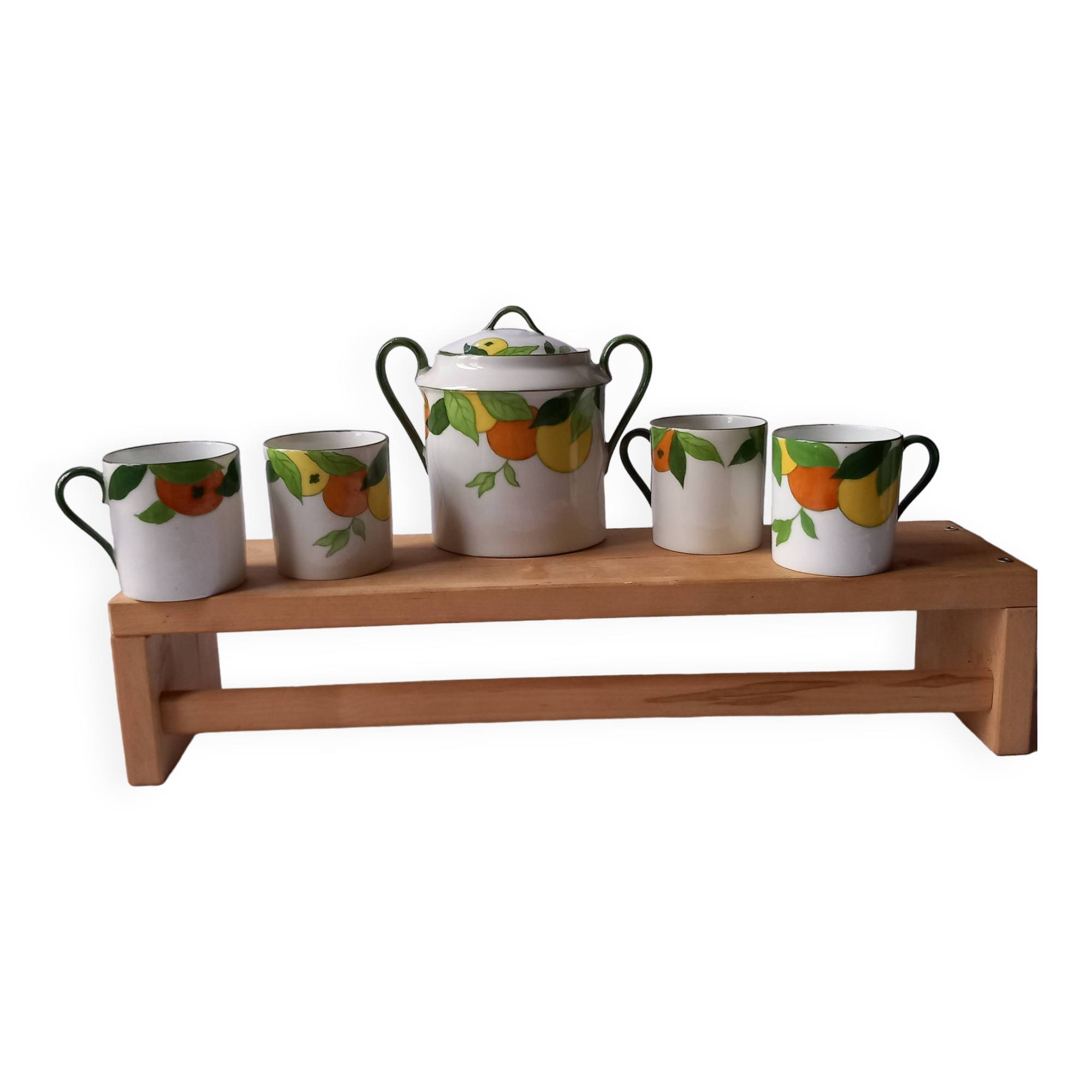 5 cups and a citrus sugar bowl, Lanternier Limoges porcelain