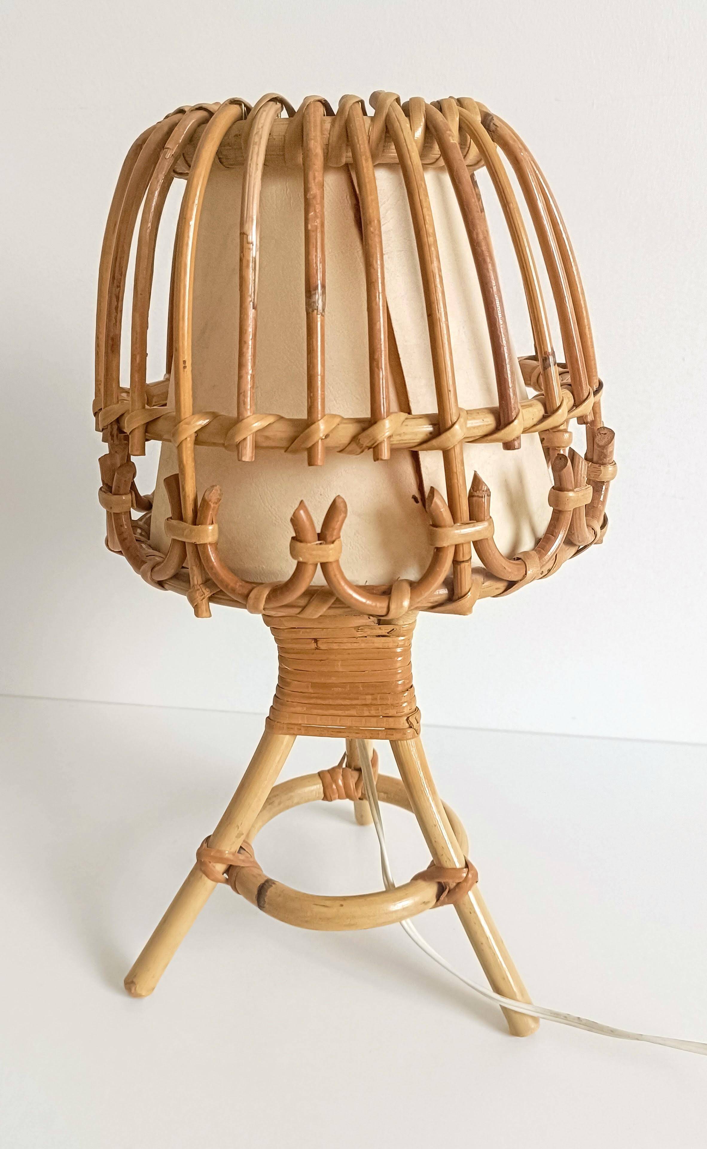 Midcentury Bamboo and Rattan Table Lamp, Attributed to Louis Sognot