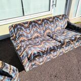 3-seater sofa + 2 vintage armchairs in multicoloured fabric retro design