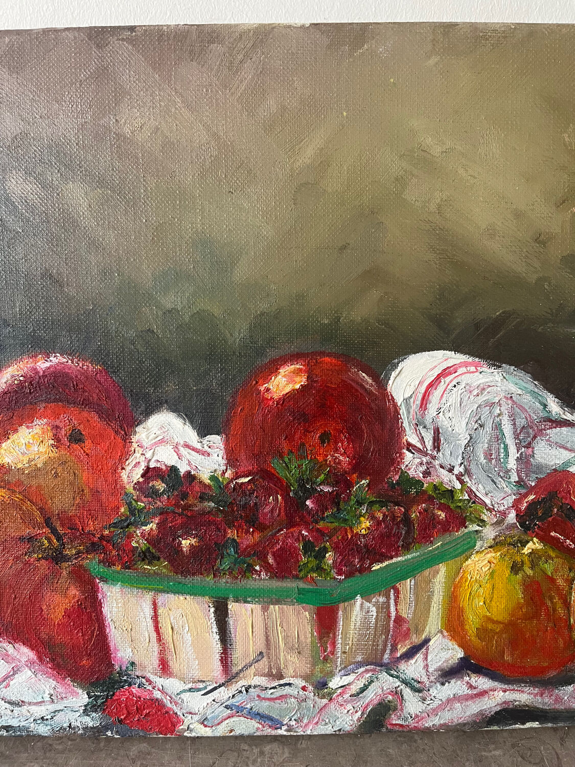 Still life with fruits and strawberries, oil on canvas signed Odile Julien.