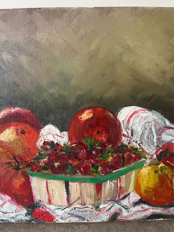 Nature morte fruits et fraises, huile sur toile signé Odile Julien