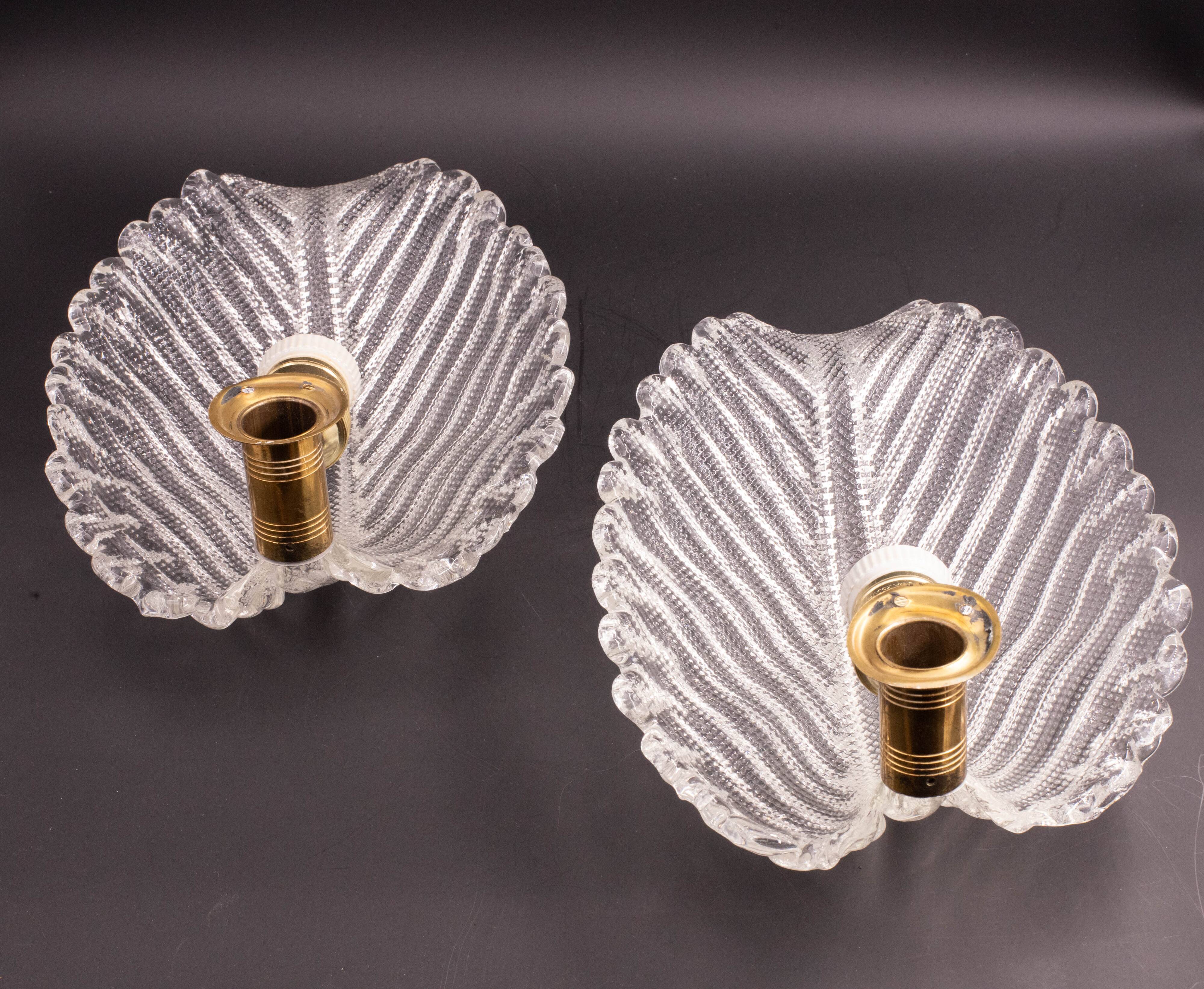 Set of 2 Wall light Trasparent Murano Glass Leave by Barovier e Toso, 1940s