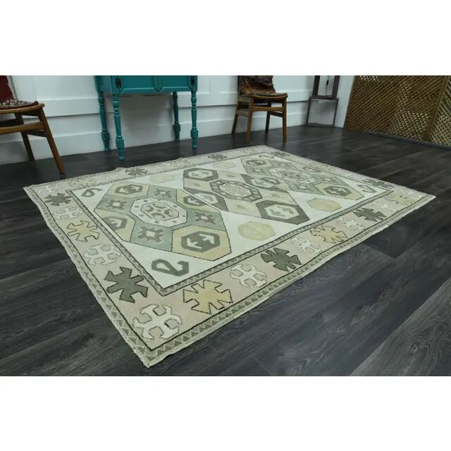 1970s vintage Turkish Oushak handmade wool cotton green area rug 164x207