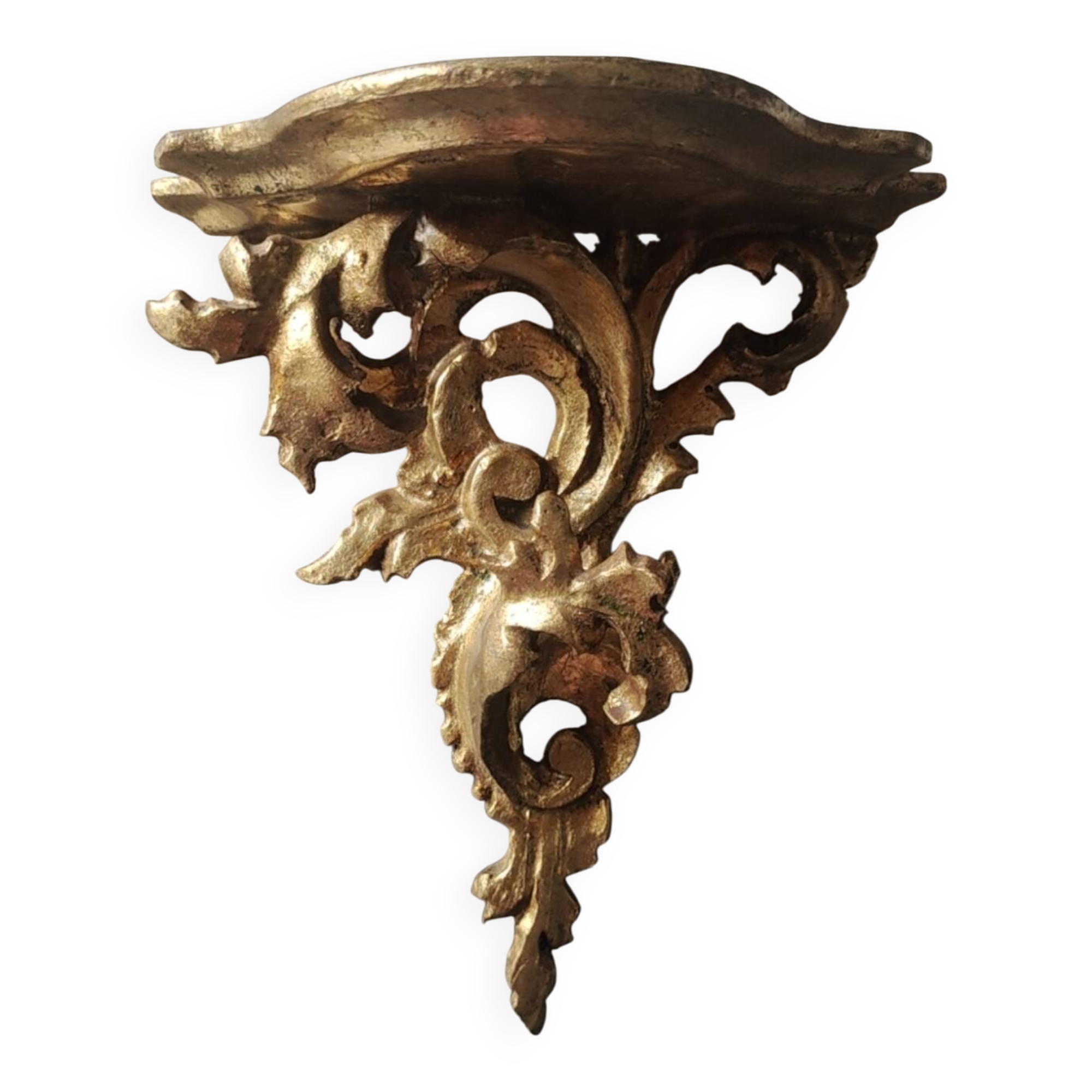 Small Italian/Baroque wall-mounted console. In gilded wood.