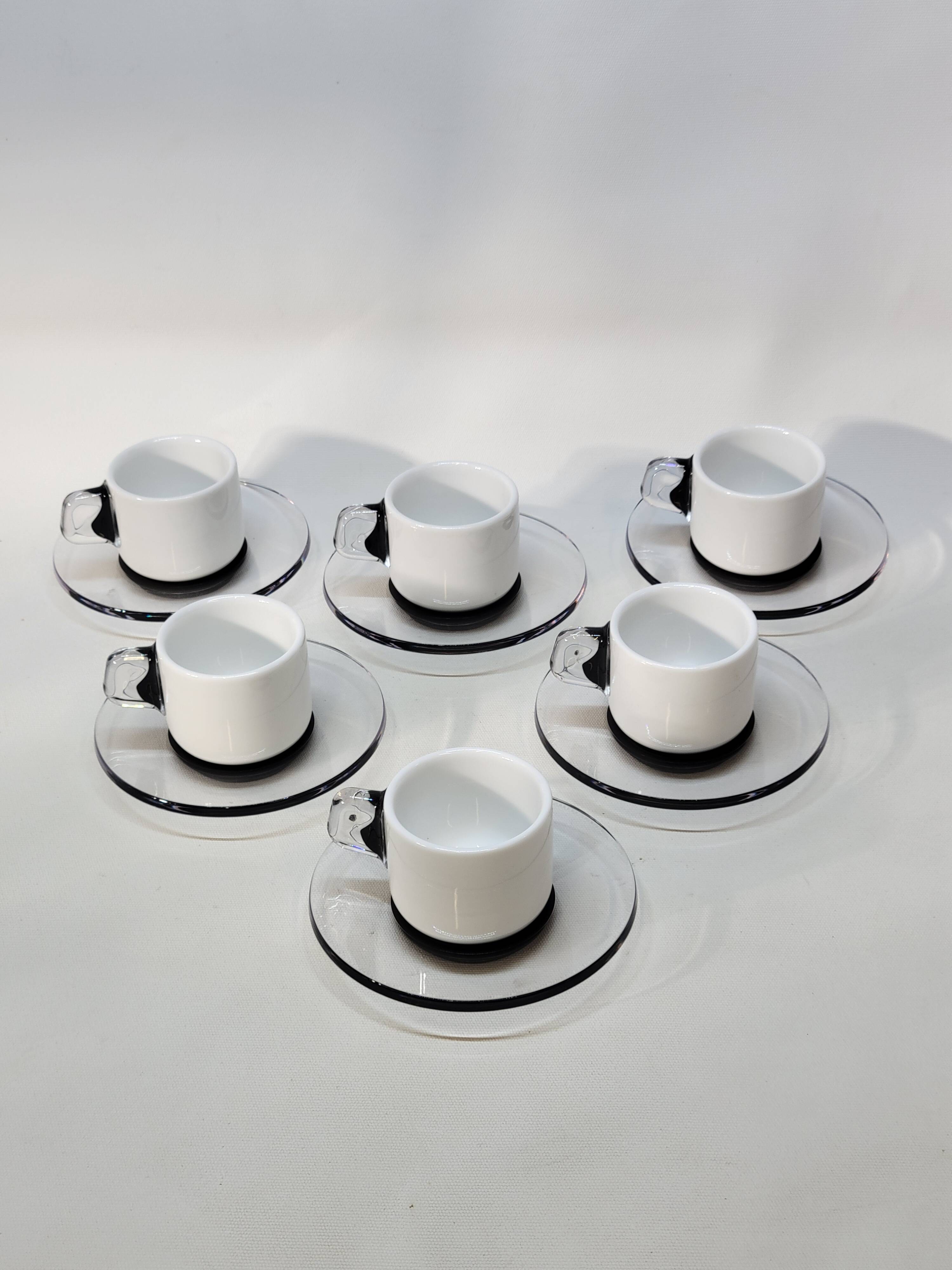 Guzzini Coffee Set 6 Porcelain Espresso Cups and 6 Plexiglas Saucers
