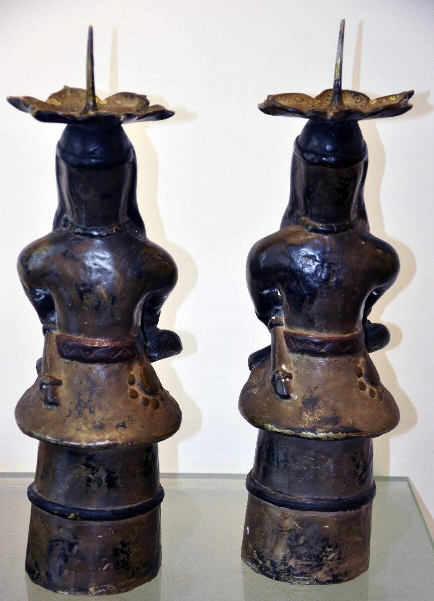 Pair of Mexican Pre-Columbian Style Bronze Candlesticks, 20th Century