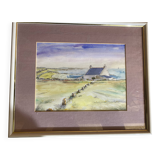 Aquarelle Sur Papier JEAN MOREL Vue Maison De Pêcheurs + Cadre Bois Blanc