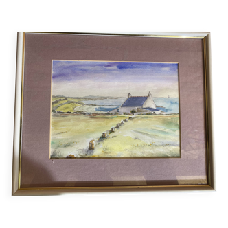 Watercolour on Paper JEAN MOREL View of Fishermen's House + White Wooden Frame