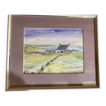 Watercolour on Paper JEAN MOREL View of Fishermen's House + White Wooden Frame