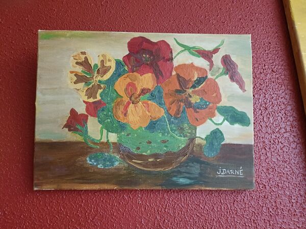 Tableau, toile, bouquet de fleurs, signature