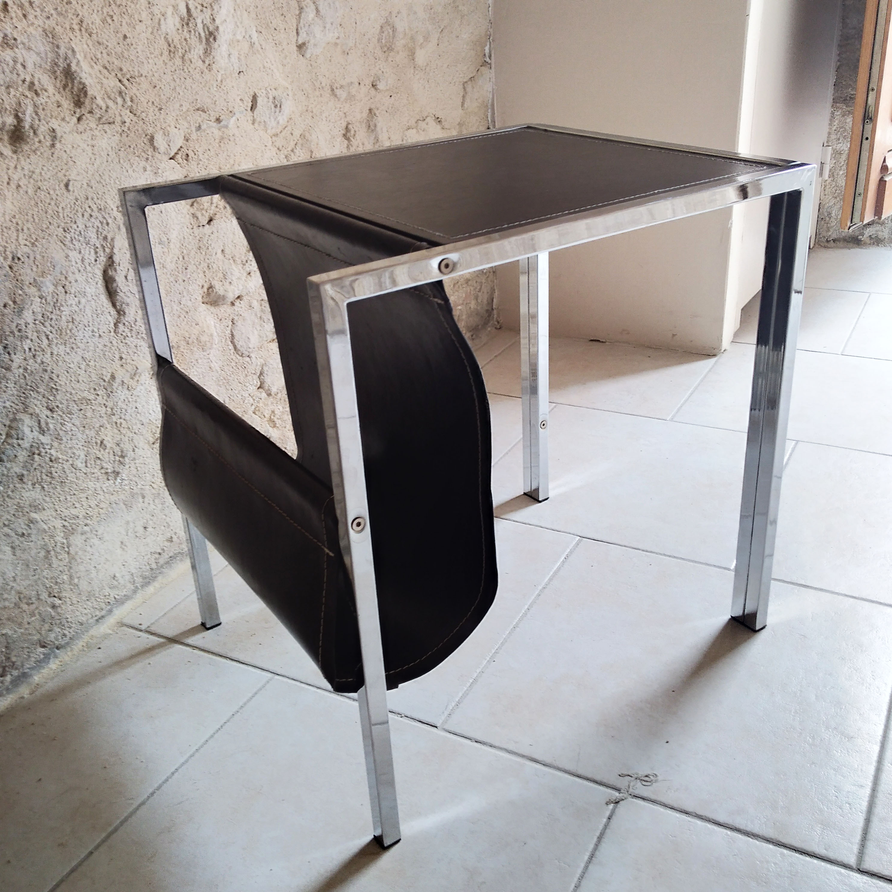 Leather and steel side table 1970