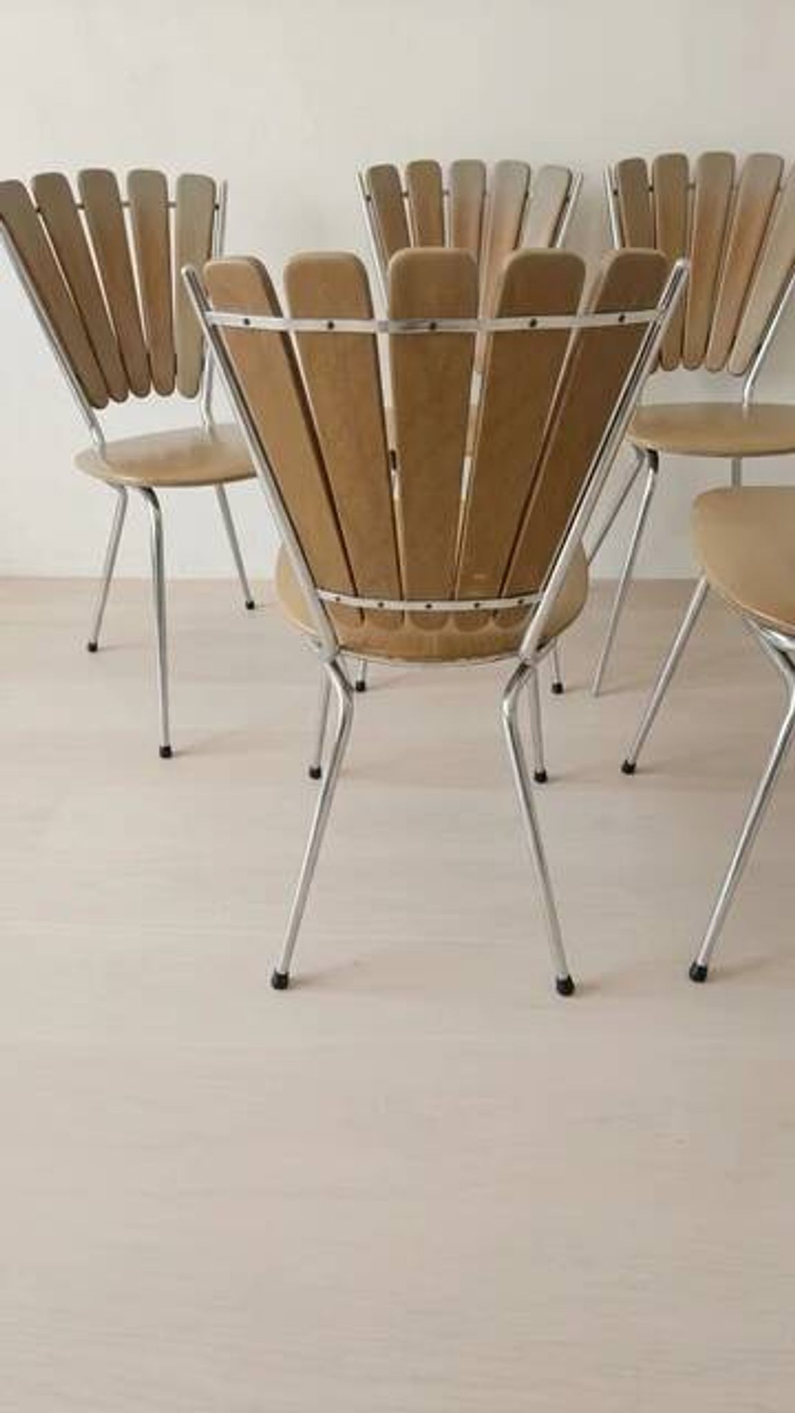Set of 6 vintage fan-back dining chairs with beige leatherette upholstery