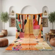 Moroccan handwoven wool rug in colour block peach, pink, teal, and orange, 122x183 cm.