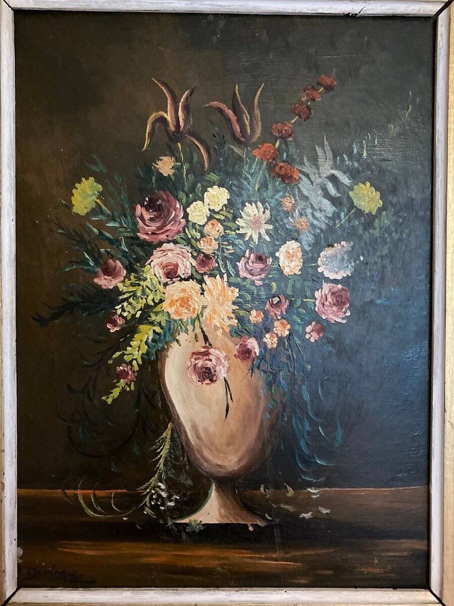 F. Domínguez, floral bodegones, 1945, oil on cardboard box, game of 2