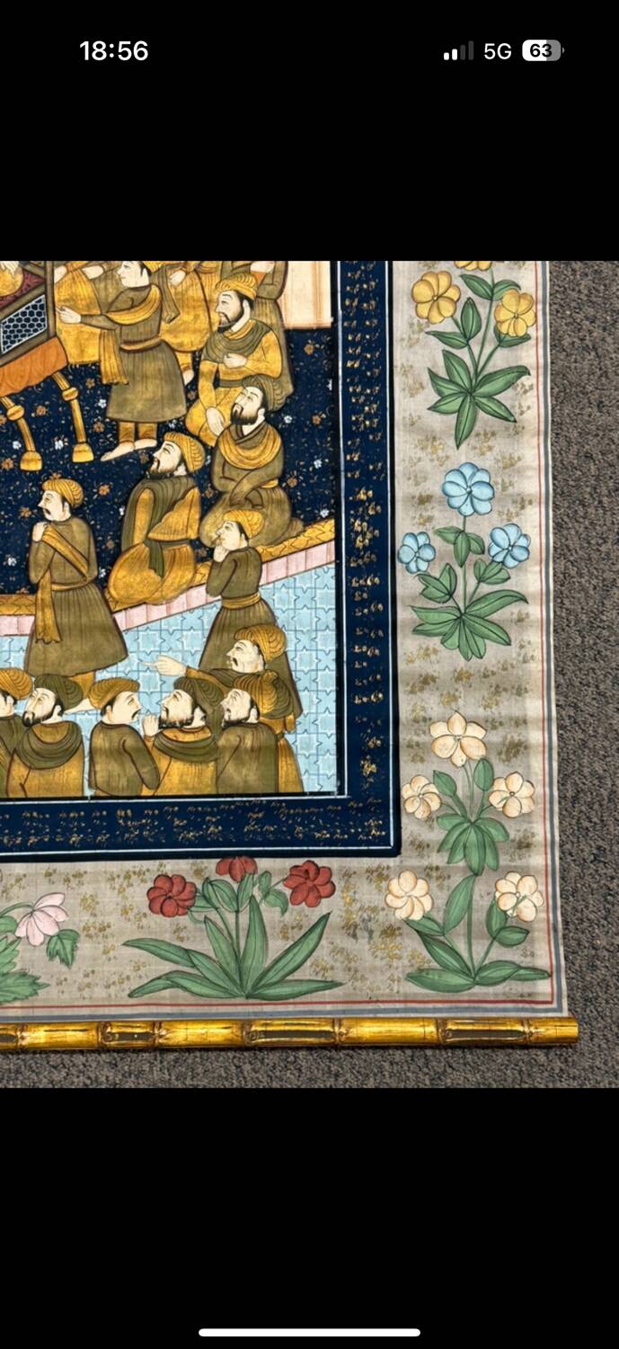 Large Persian painting on silk - large decorative hanging - scene of