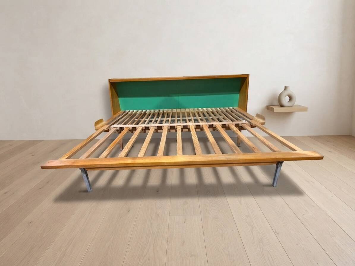 Mid-century wooden folding sofa bed frame, extendable daybed, Czechoslovakia, 190 × 151 × 77 cm