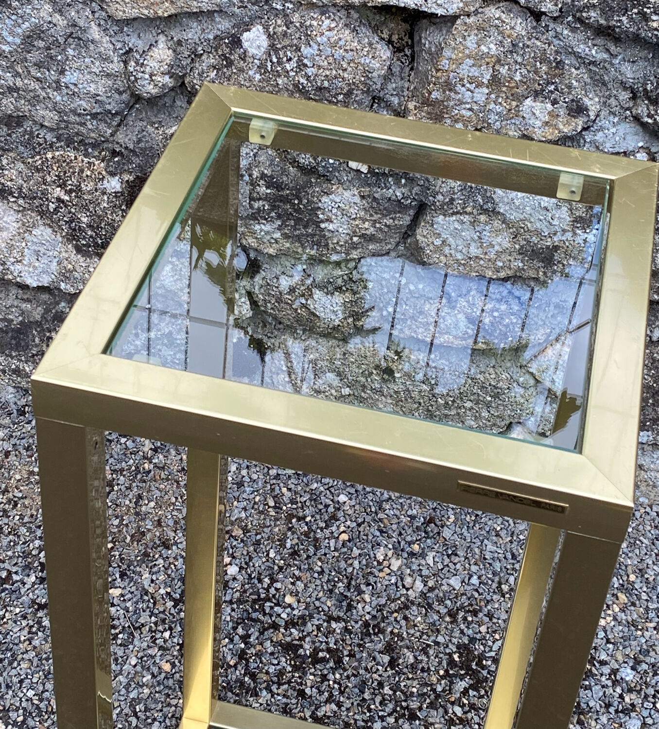 Vintage 1980s square gold metal end table/shelving by pierre vandel, 2 pieces