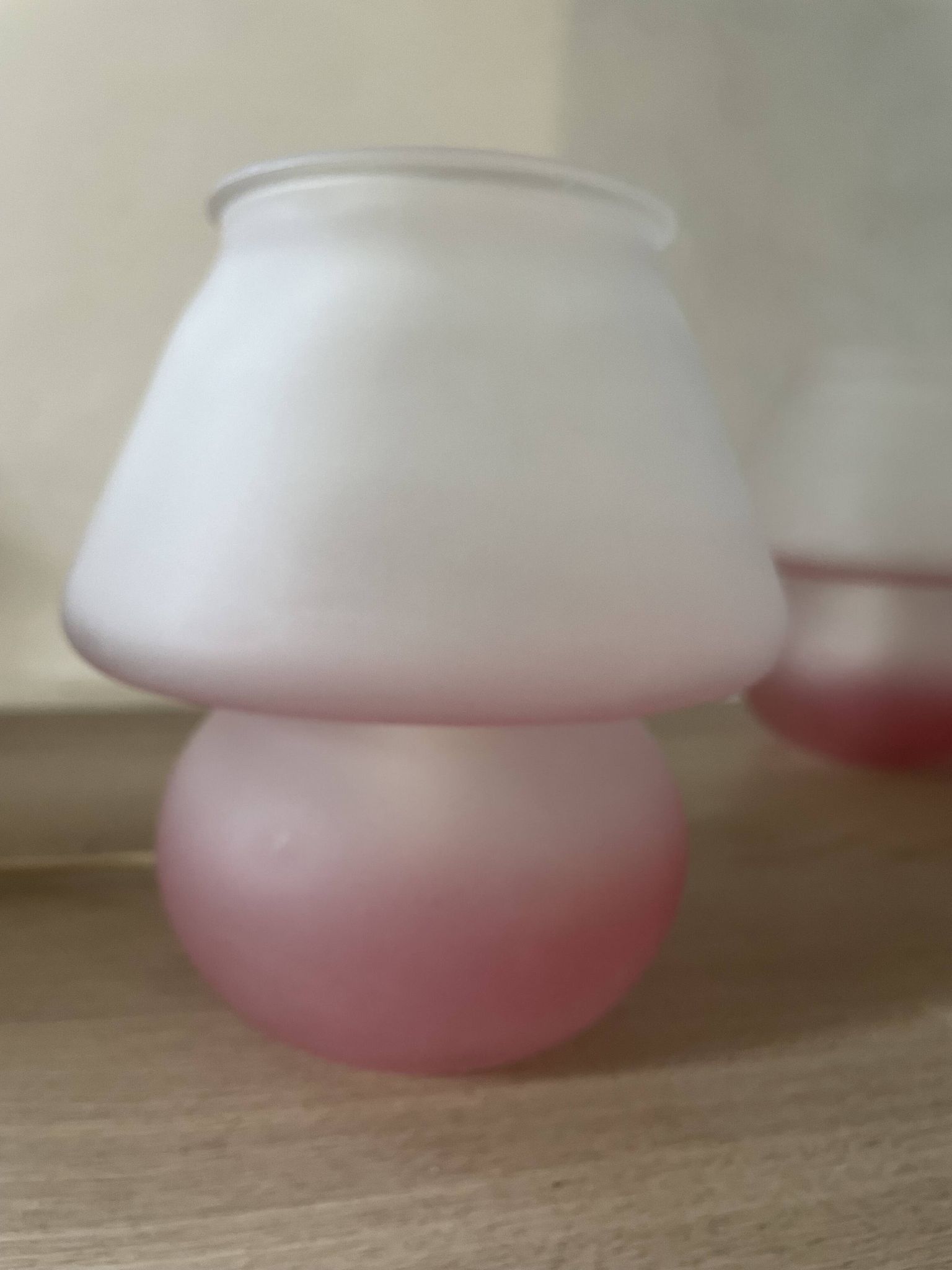 Pair of frosted pink glass mushroom lamps