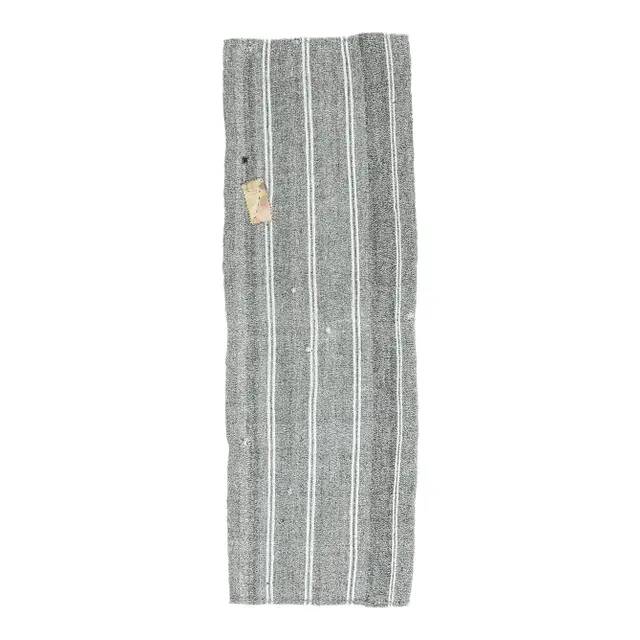 1970s Turkish flatweave handwoven grey white striped kilim rug 72x225