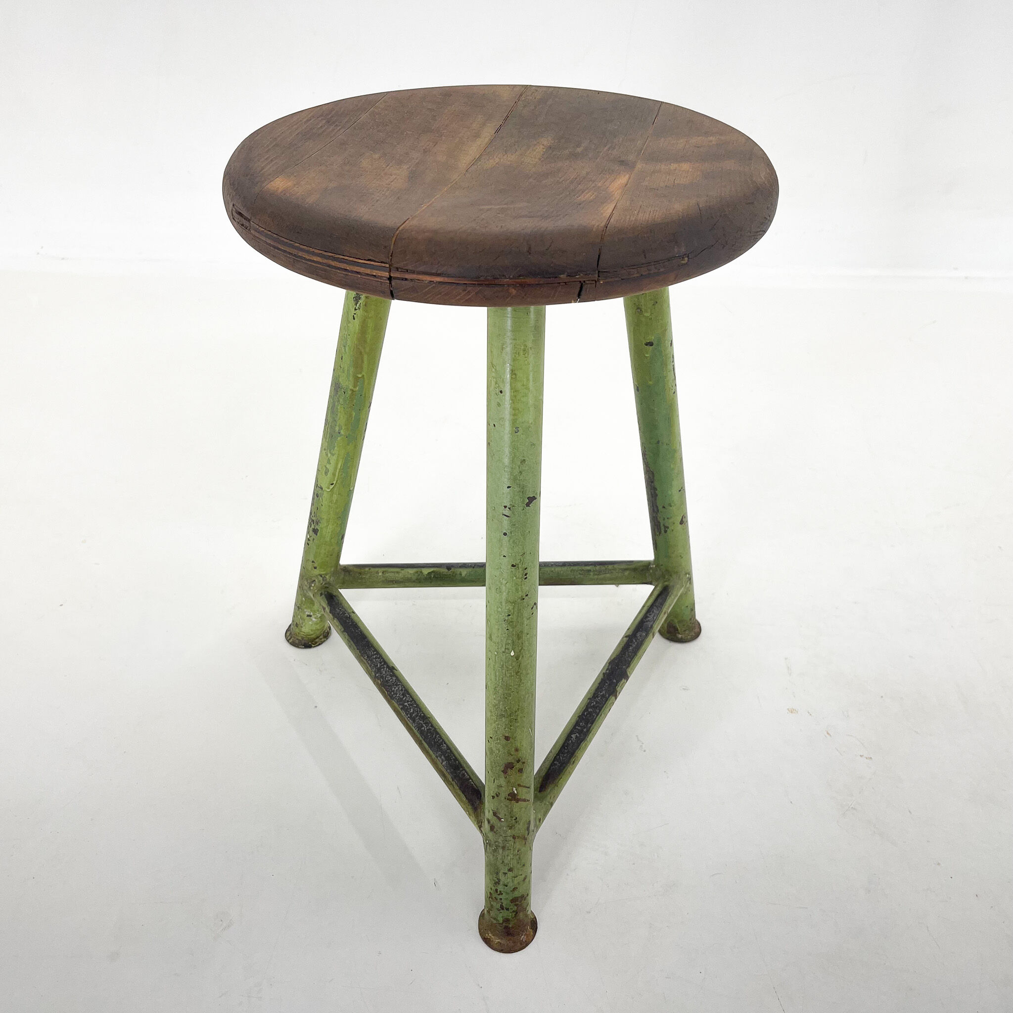 Vintage industrial steel & wood tripod stool, 1950's