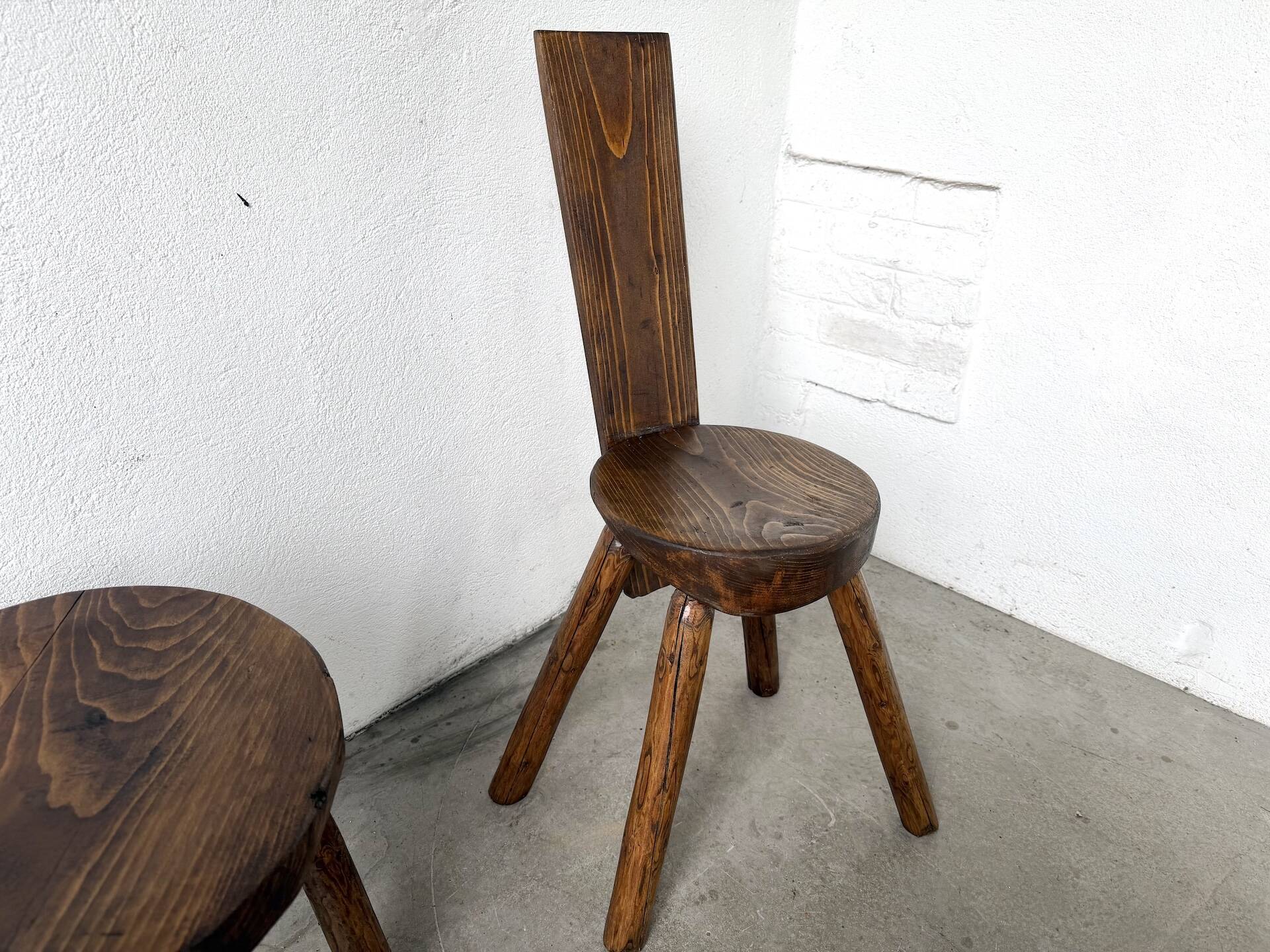 Set of three alpine chairs in solid pine, France, 1950s.