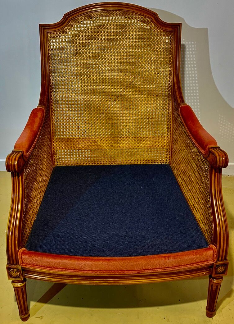 Pair of armchairs in cannage and pink velvet