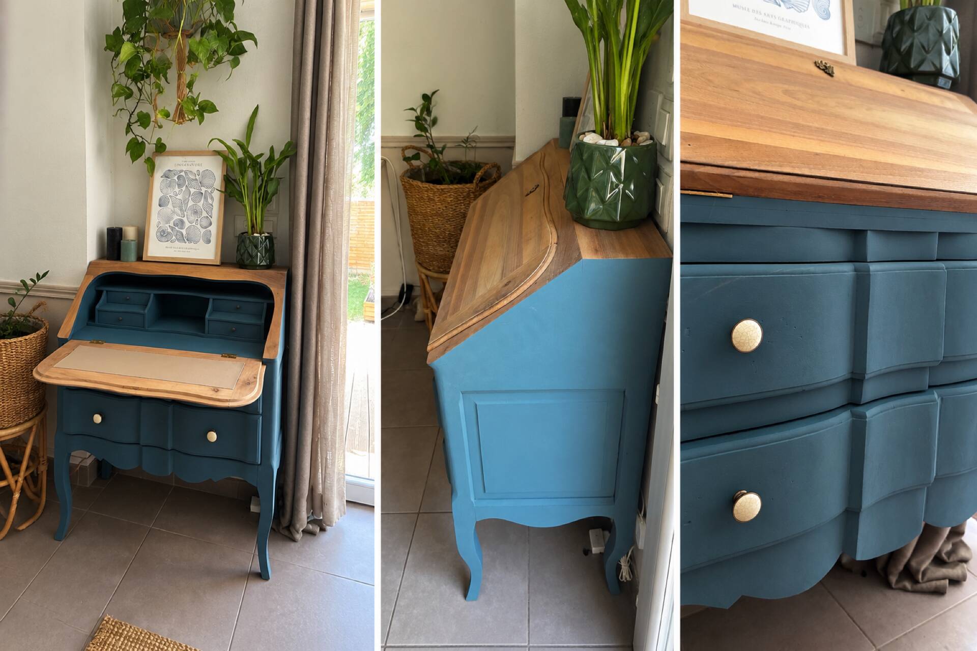 Restored antique drop-leaf secretary – natural wood & Night Blue